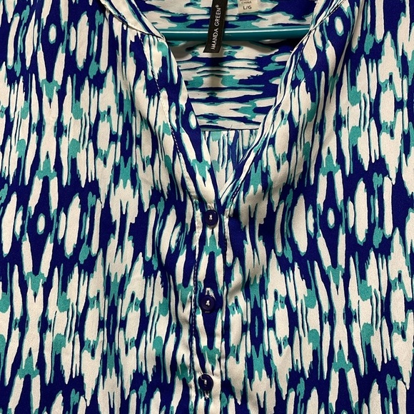Amanda Green |Blue/White| Patterned |Long Sleeve |1/2 Button up |Blouse |Size L - Picture 8 of 15
